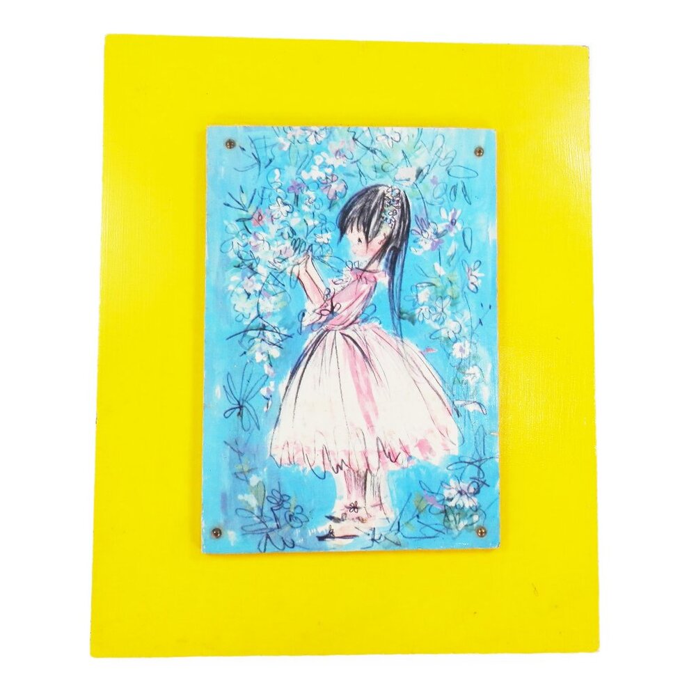 Vtg 1960s Handcrafted Wall Plaque Decor Child Girl Illustration Print JEM Atl GA